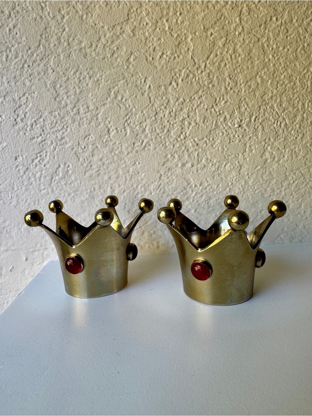 Vintage Brass-plated Metal Crown Tea Light Set of 2 Candle Holders Glass Jewels